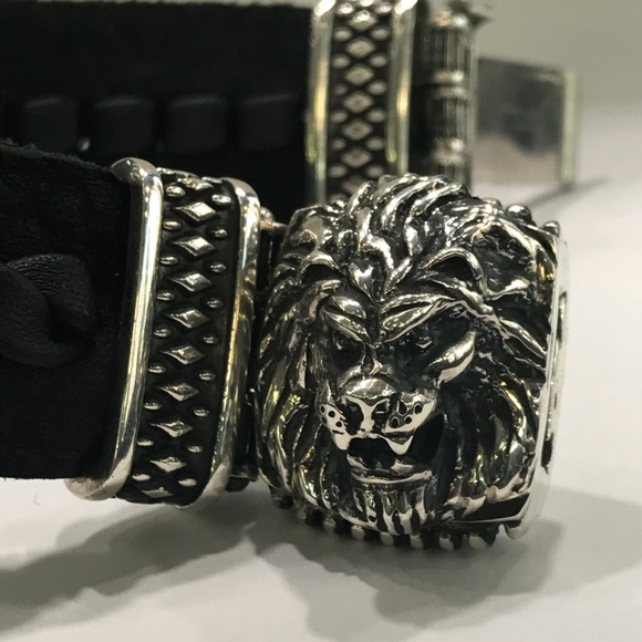 sterling silver lion face bracelet with  leather - Picture 7 of 8